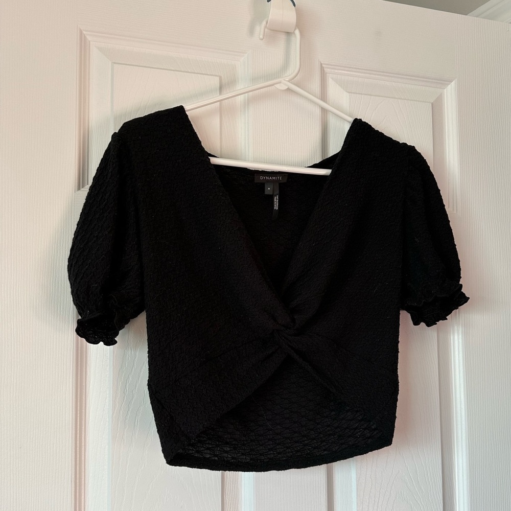 Dynamite Black Textured Crop Top Front Knot